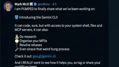 Tweet introducing Gemini CLI features for coding, organizing MP3s, resolving issues, and debugging